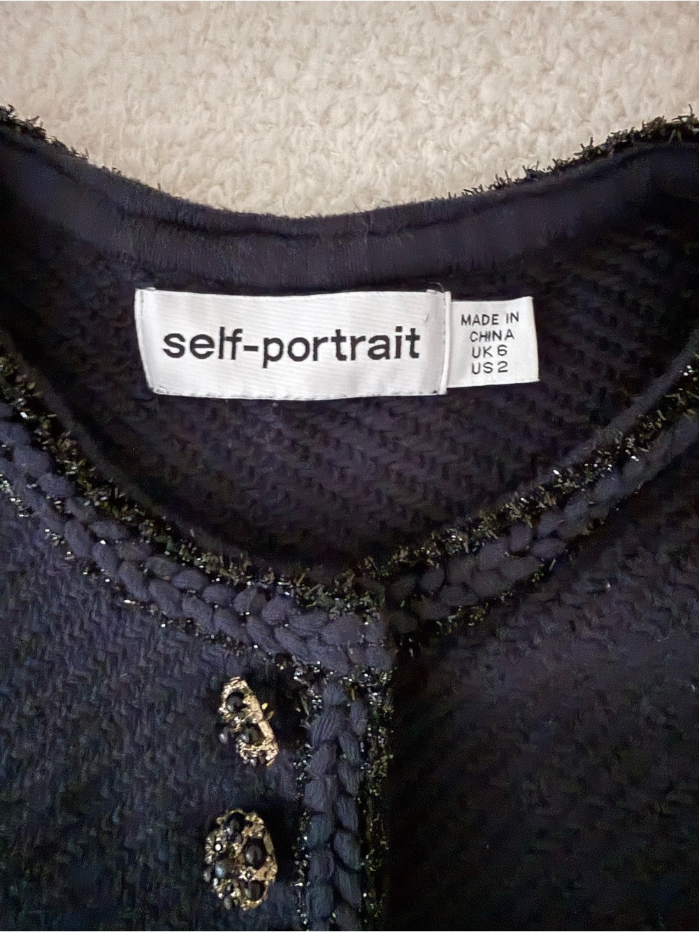Self-Portrait Navy Tweed dress with Beaded Buttons